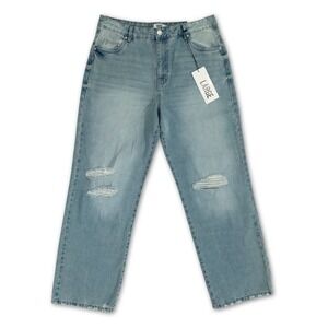 NWT Refuge Denim Jeans Womens L Blue Light Wash Distressed Wide Leg High Rise